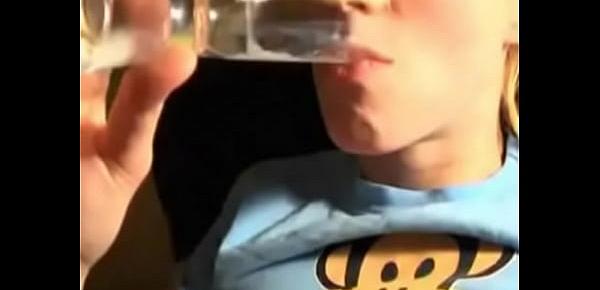  Teen drink cum from glass